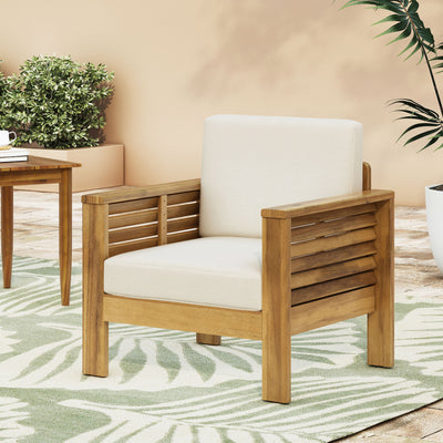 Outdoor Acacia Wood Club Chairs with Cushions, Teak+Beige, 27.75"D x 32"W x 27.75"H - Korvel