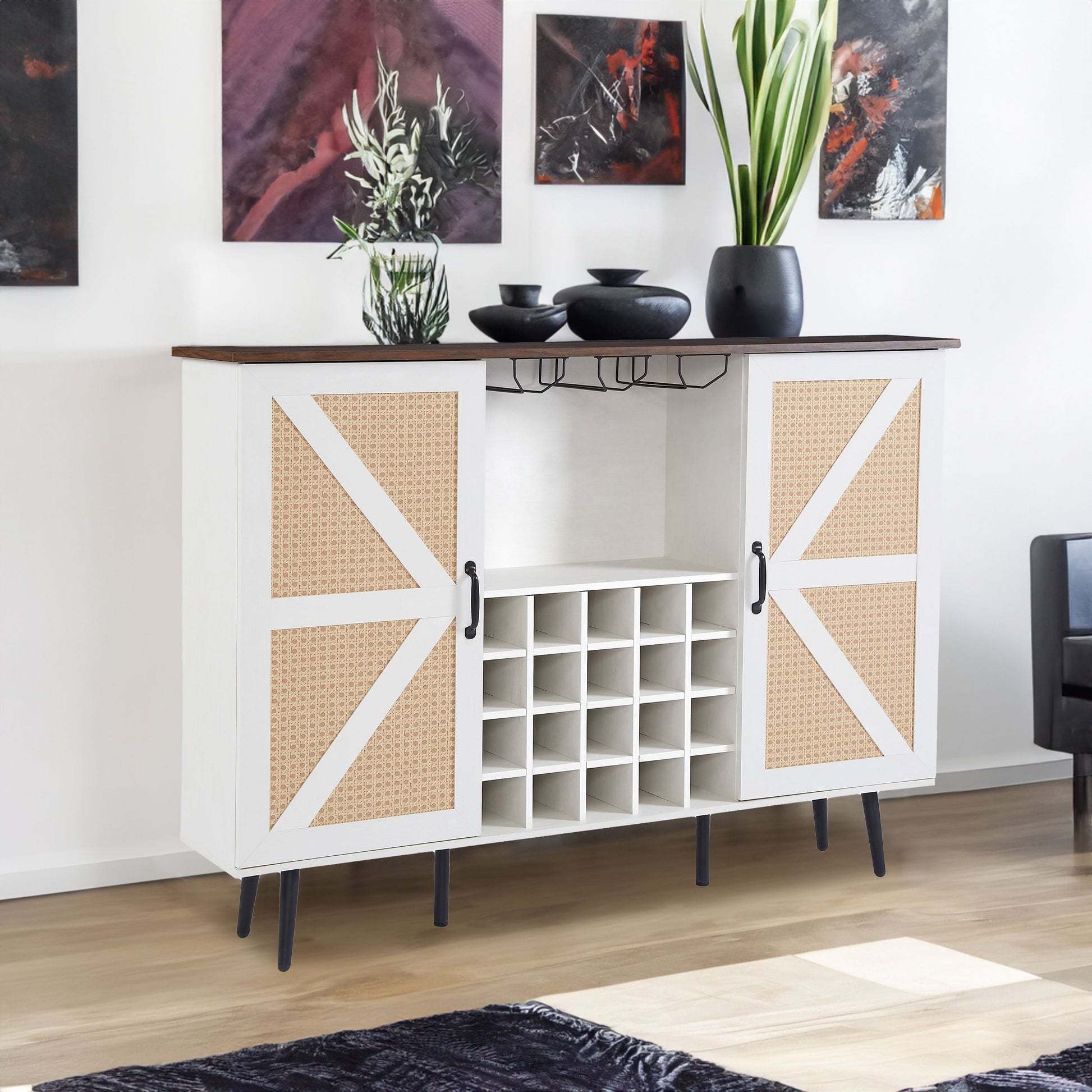 White Faux Rattan Barn Door Wine Cabinet with Wine Rack and Wine Glass Rack, Double Door Design with Removable Shelves - Korvel