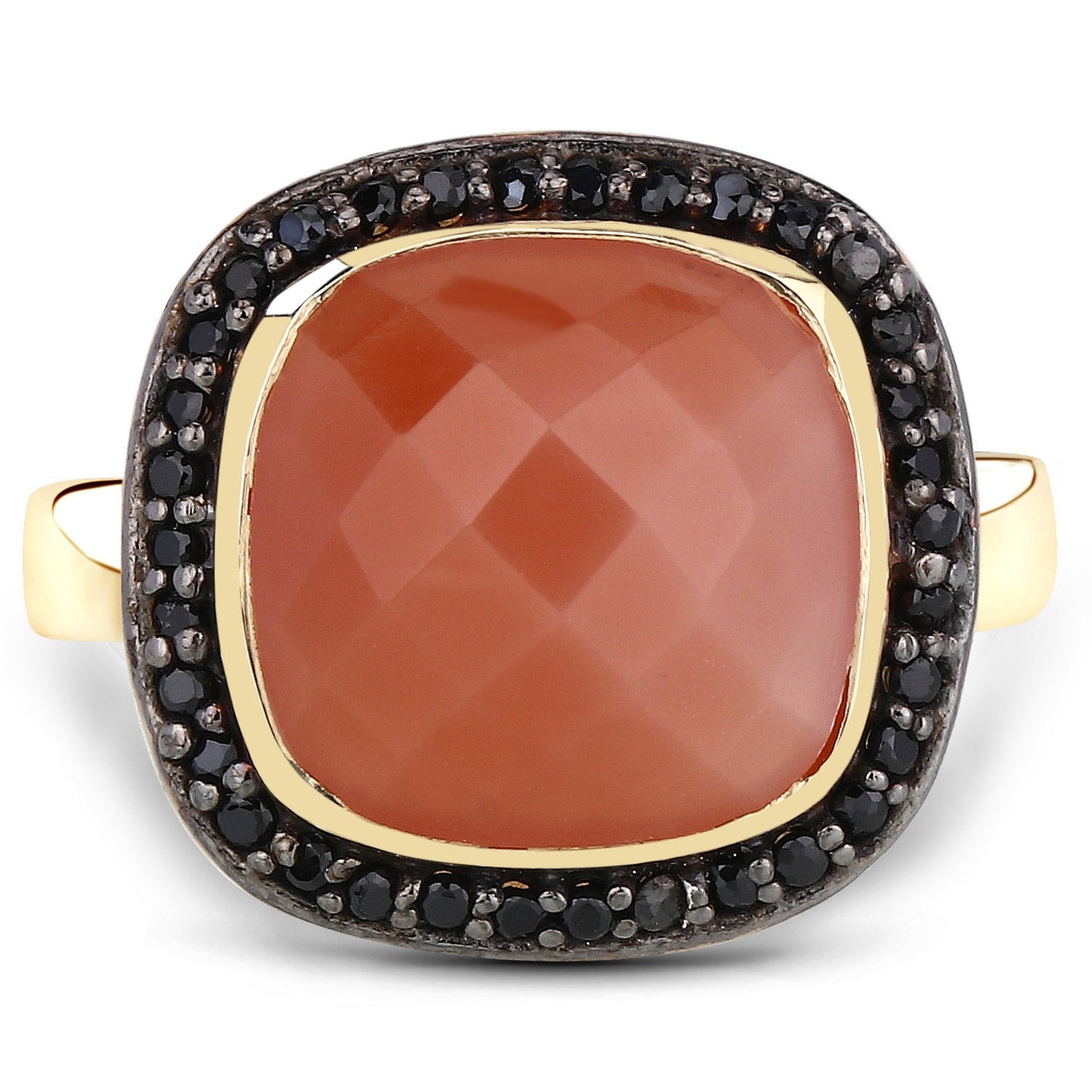 Anillo de Plata Esterlina con Piedra Luna Melocotón de 6.74 Quilates y Espinela Negra
