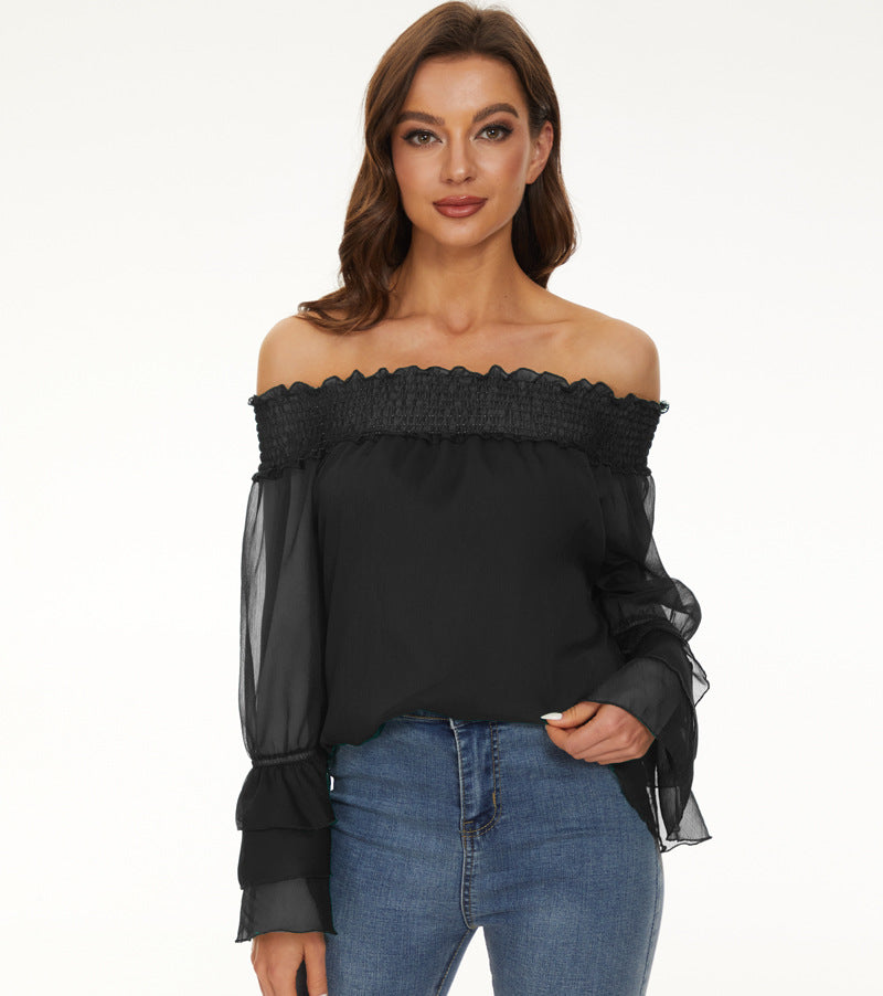 Blouse en Chiffon Élégante à Manches Longues et Épaules Dégagées avec Pois