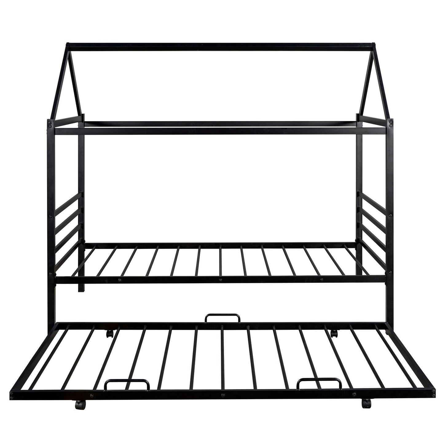 Twin Size Metal House Shape Platform Bed with Trundle - Black