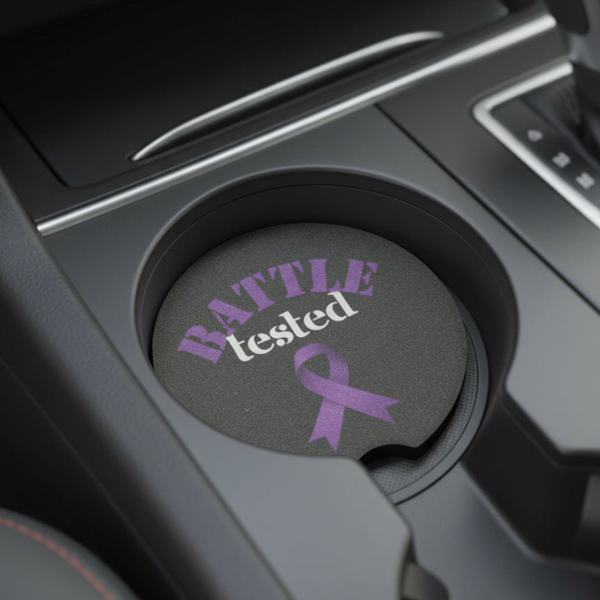 Battle Tested Epilepsy Awareness Soapstone Car Coaster - Purple Ribbon
