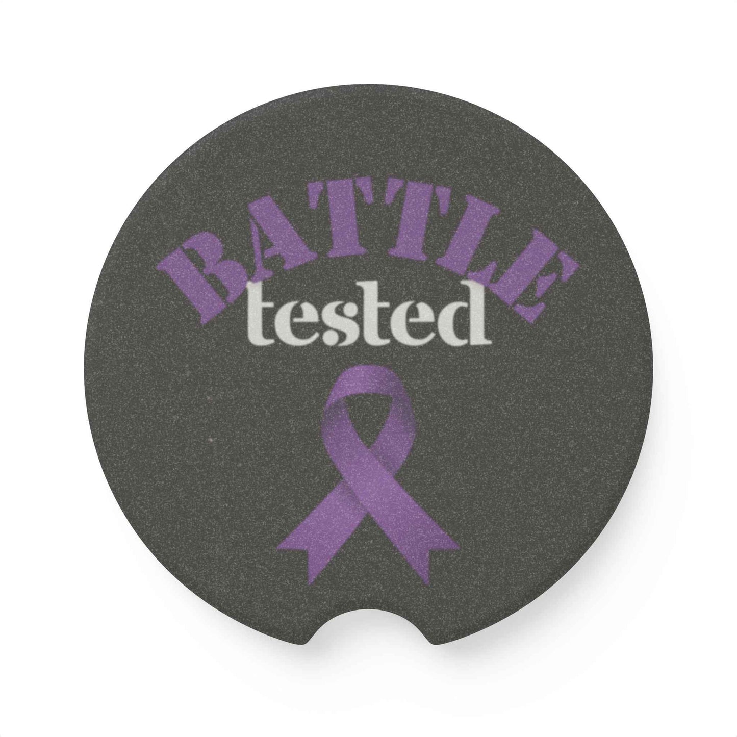 Battle Tested Epilepsy Awareness Soapstone Car Coaster - Purple Ribbon