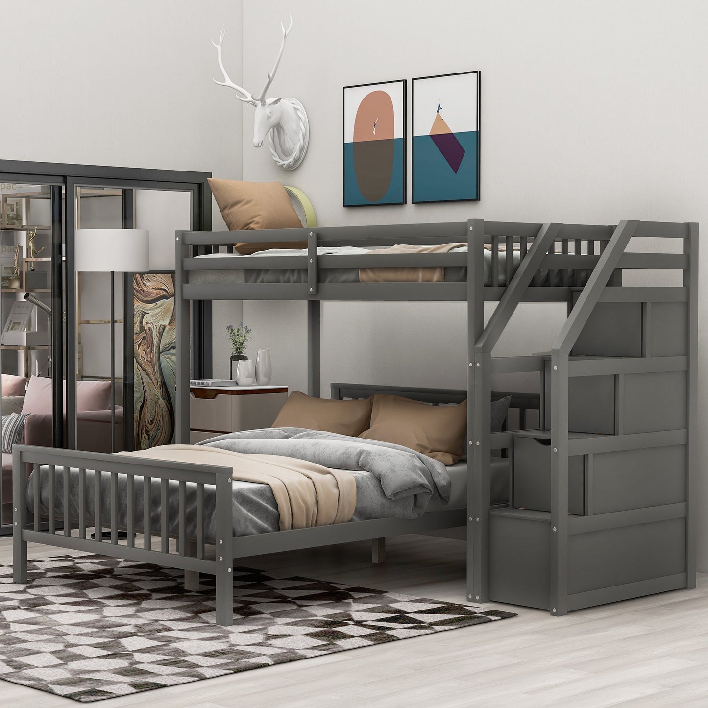 Twin over Full Loft Bed with Staircase Gray - Korvel