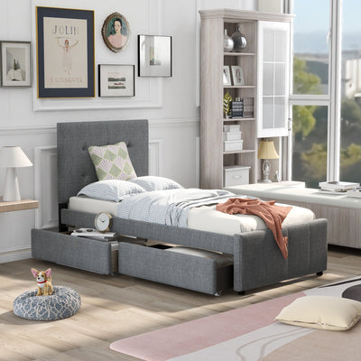 Linen Upholstered Twin Platform Bed with Headboard & Drawers