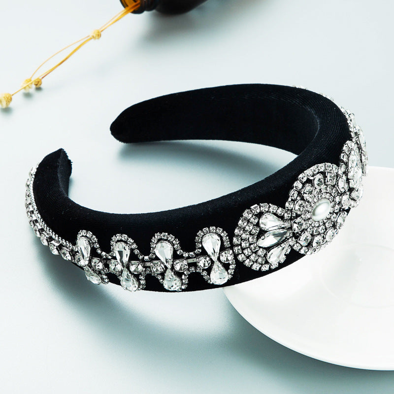 Hair Hoop Heavy Craft Retro Palace Feng Shui Drill Sponge Head Hoop Wide Side Baroque High Skull Top Hair Accessories - Korvel