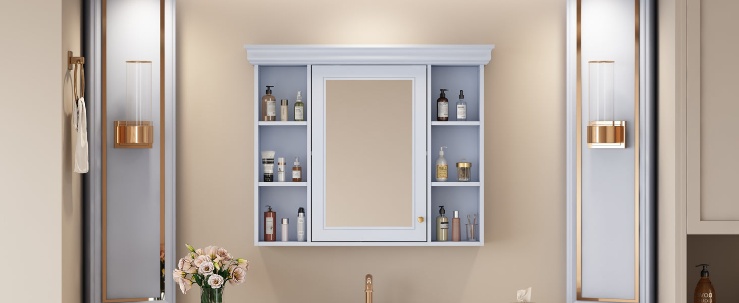 35'' x 28'' Blue Wall Mounted Bathroom Storage Cabinet with Mirror Door, Modern Bathroom Wall Cabinet with Mirror - Korvel