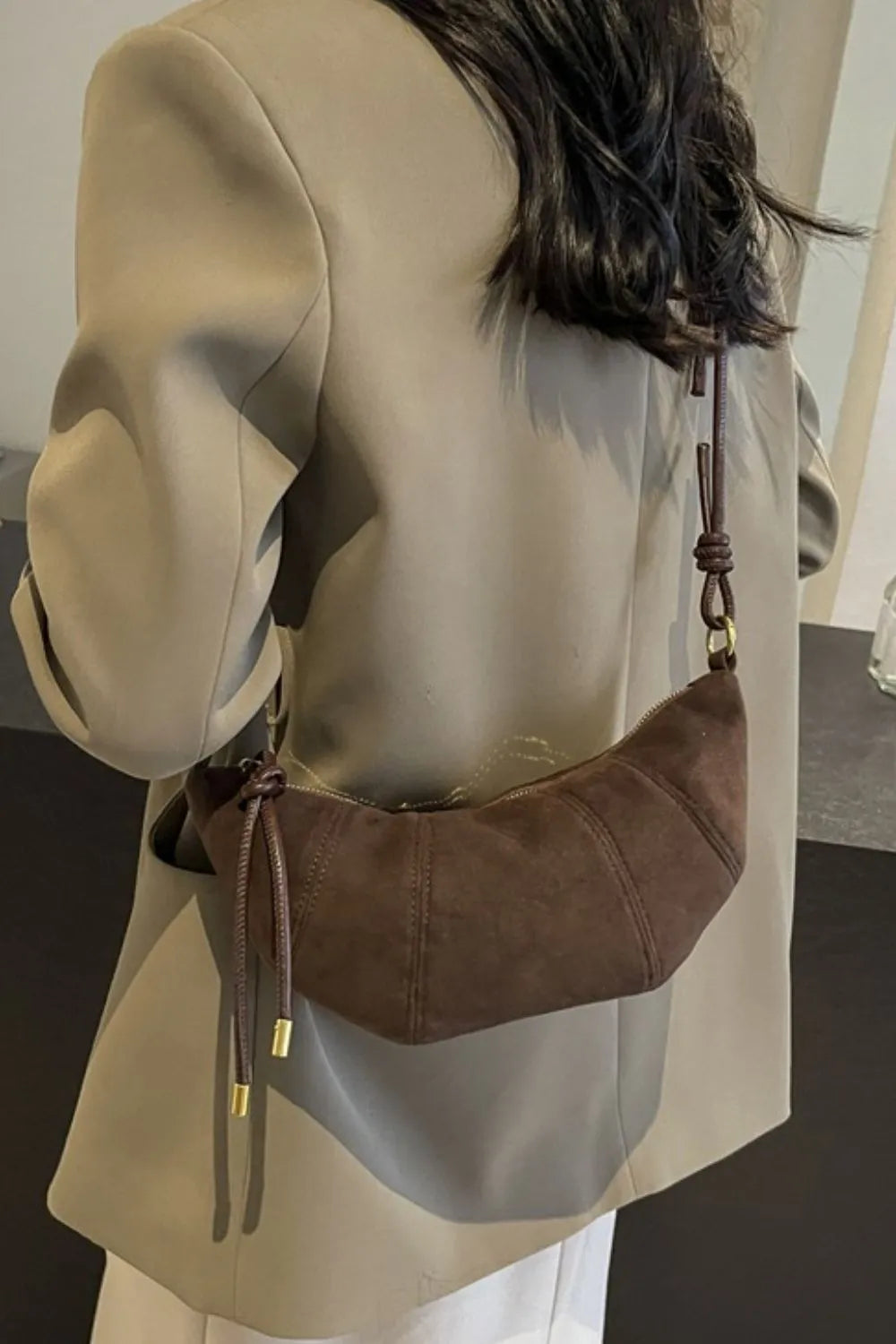 PU Leather Strap Suede Shoulder Bag - Korvel