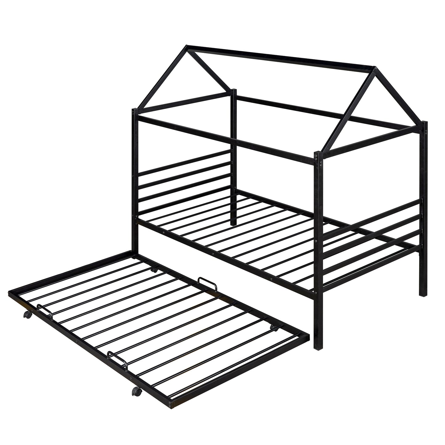 Twin Size Metal House Shape Platform Bed with Trundle - Black