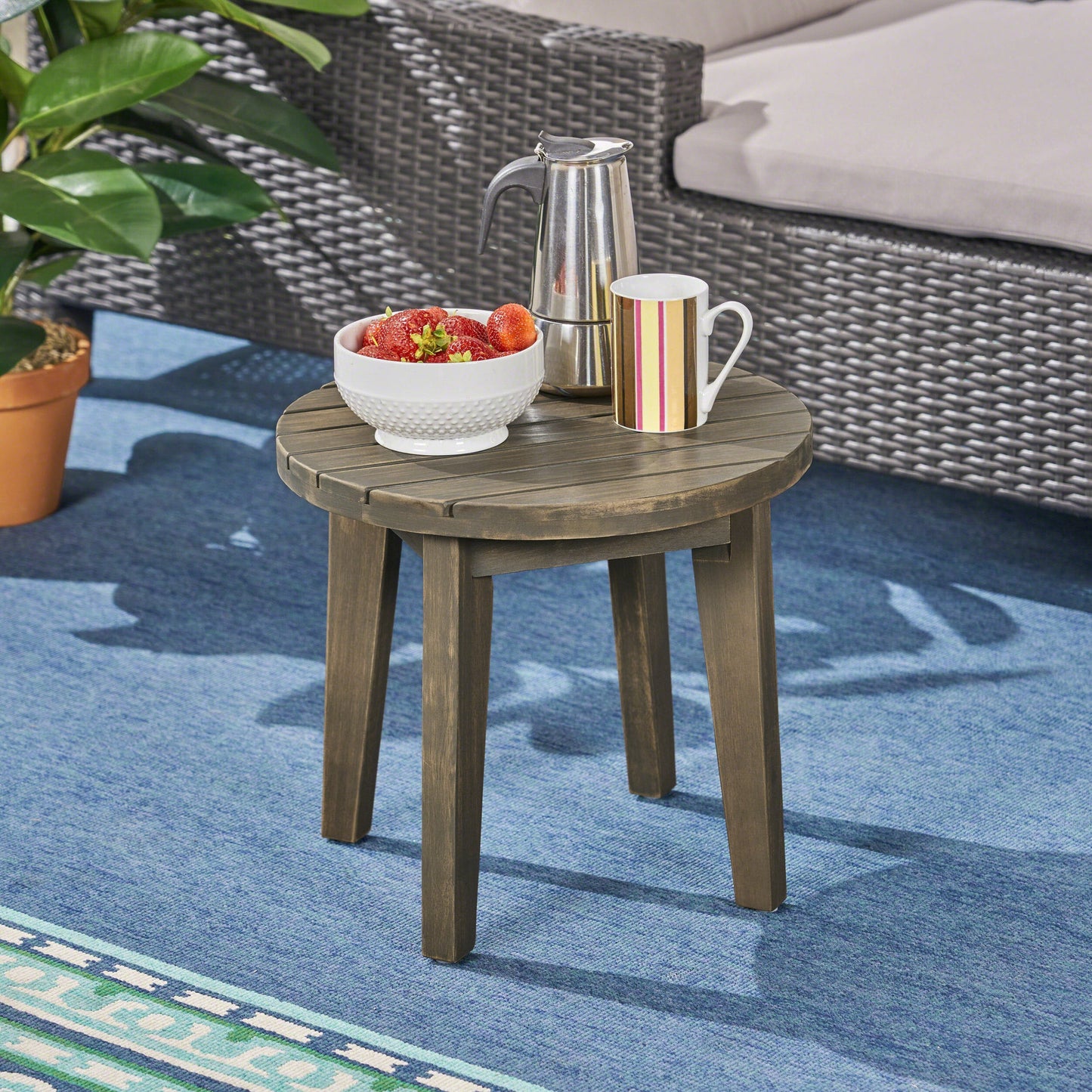 Outdoor 16" Acacia Wood Side Table, Gray Finish - Korvel