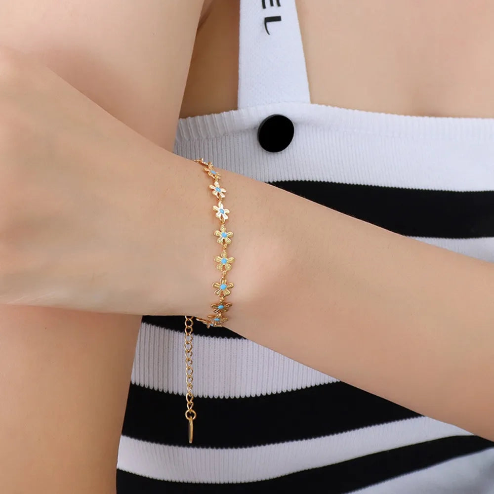 Golden Flower Blue Drip Oil Bracelet
