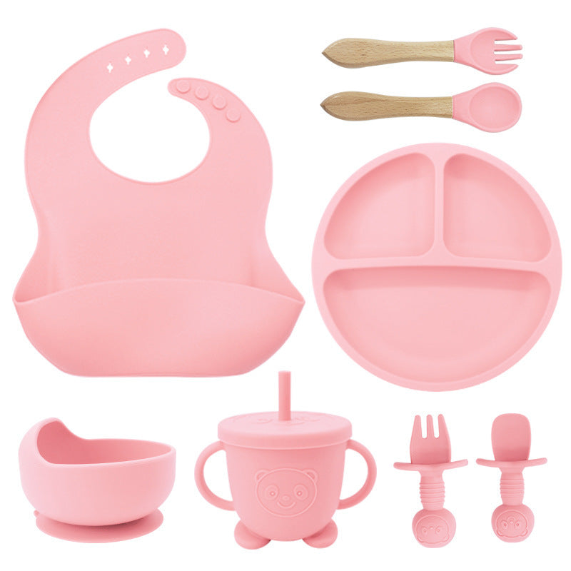 8PCS Mother and baby silicone bibs, silicone dinner plates, eight-piece set, baby food training suction cup bowl, baby divided tableware set - Korvel