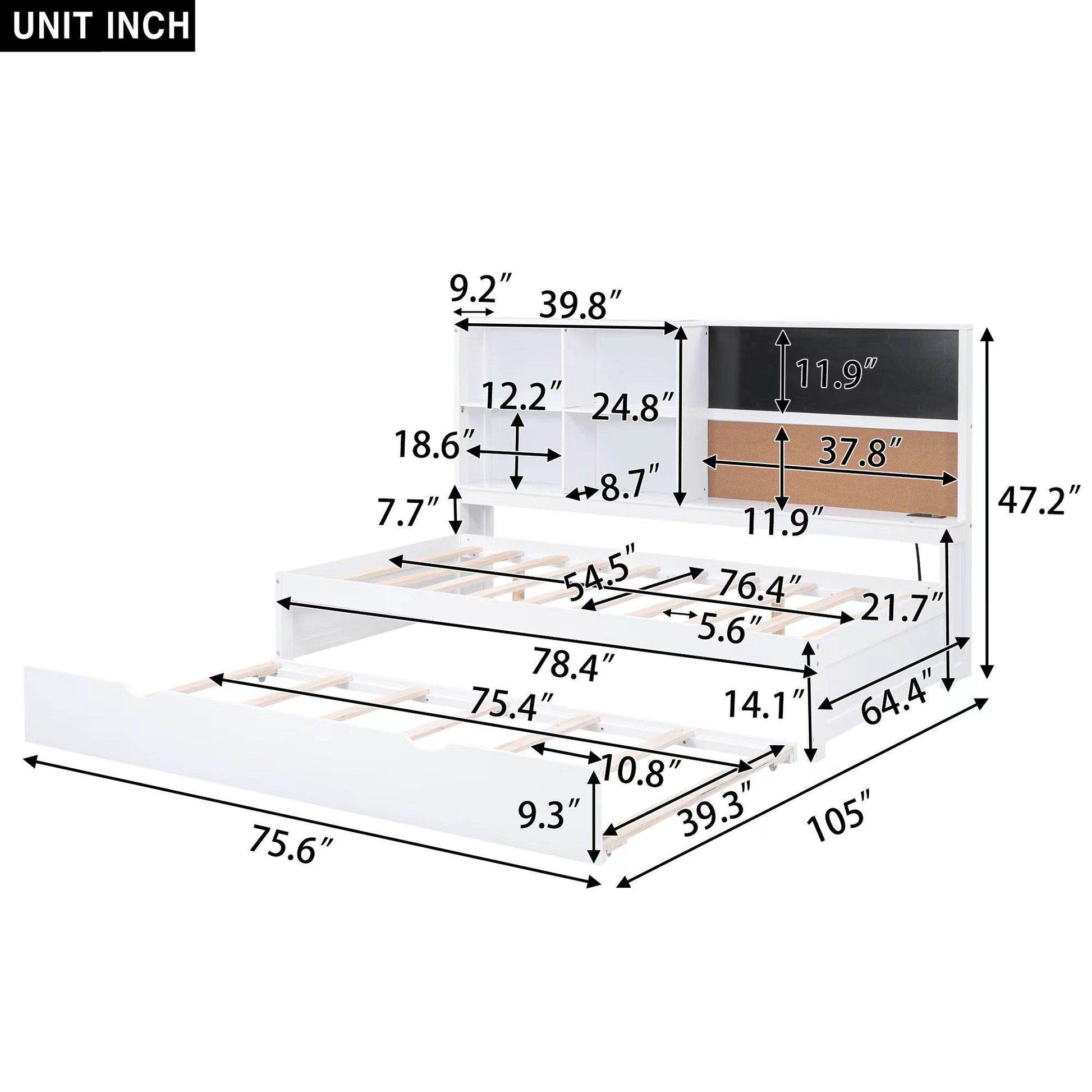 Full Size Daybed with Storage Shelves, Blackboard, Cork board, USB Ports and Twin Size Trundle  White - Korvel