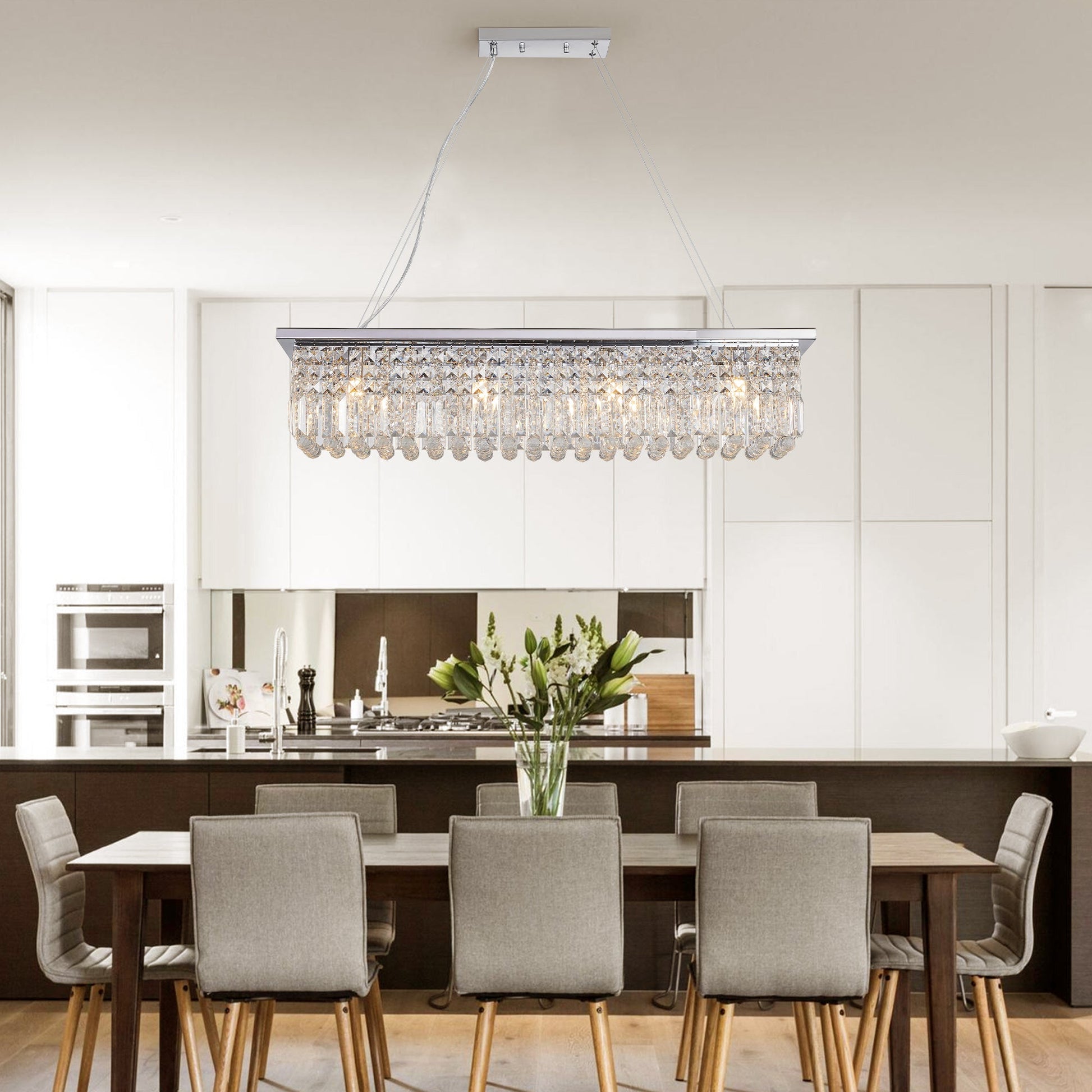 Modern Crystal Chandelier for Dining Room 8-Light White Rectangle Raindrop L39.4'' x W9.8'' x H8.7'(Bulb Not Included) - Korvel