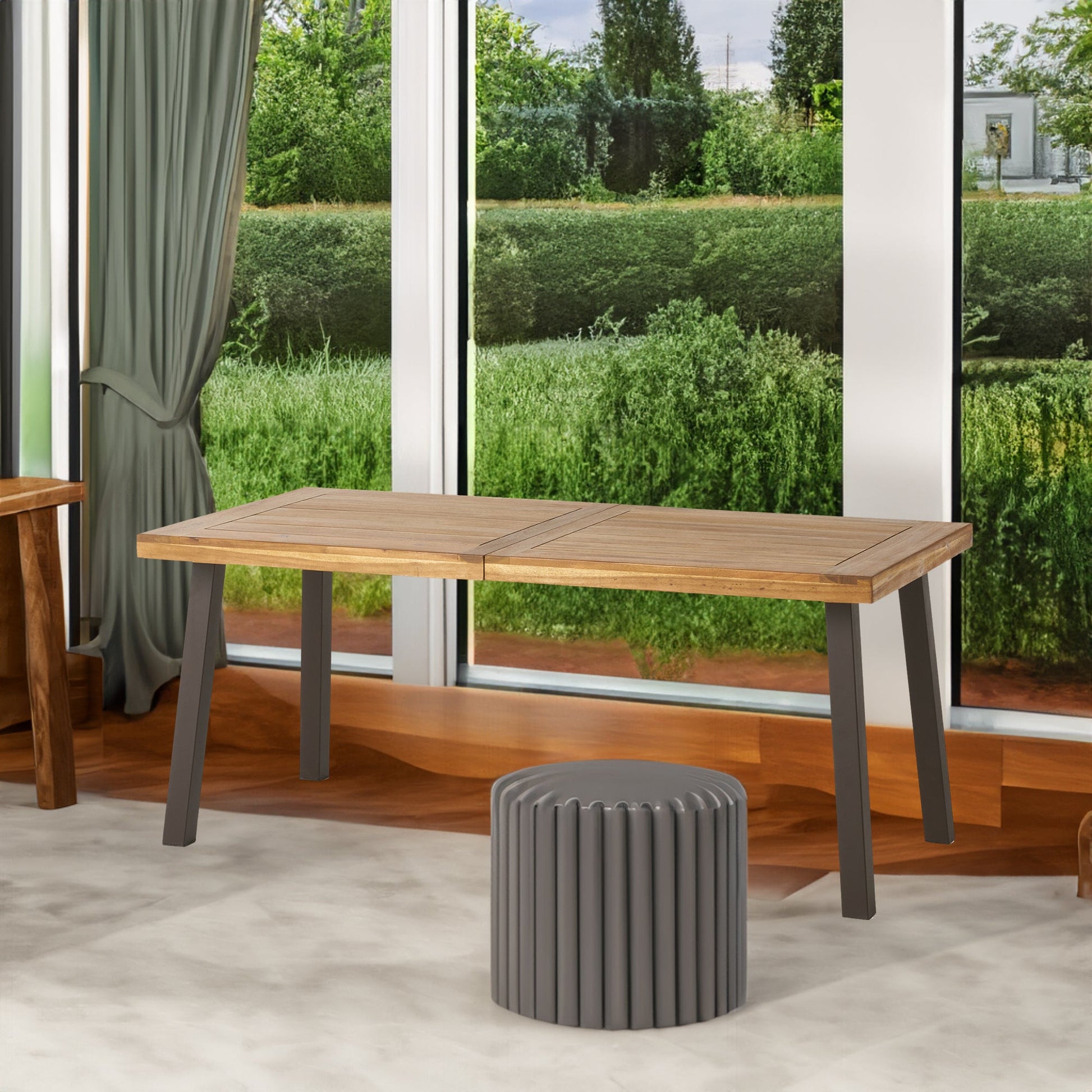 Della Acacia Wood Dining Table, Natural Stained with Rustic Metal, Brown, Grey - Korvel