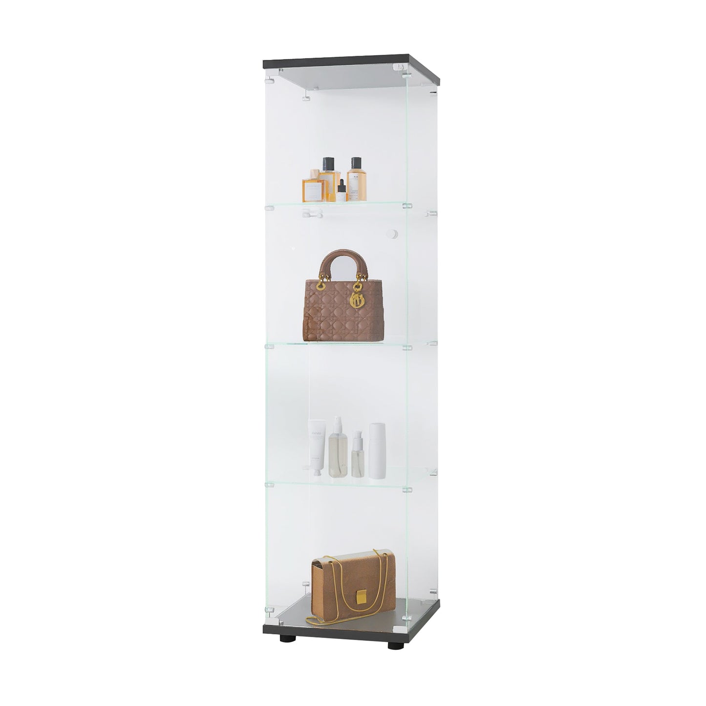 4 glass display cabinets with door shelves, floor standing antique bookshelf, 64.7 "* 16.7" * 14.3 ", black - Korvel
