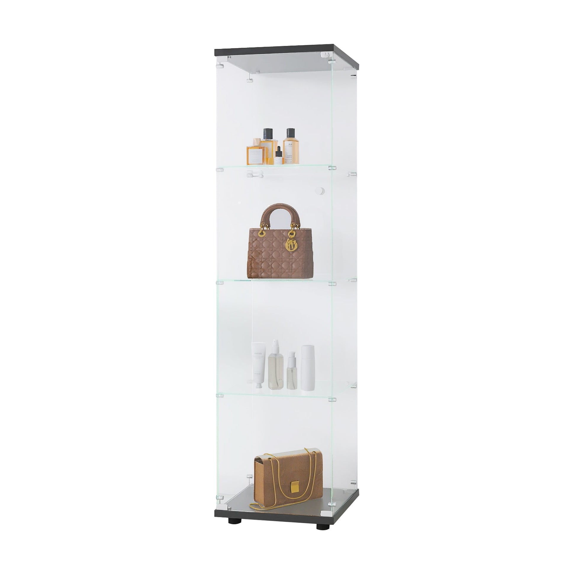 4 glass display cabinets with door shelves, floor standing antique bookshelf, 64.7 "* 16.7" * 14.3 ", black - Korvel