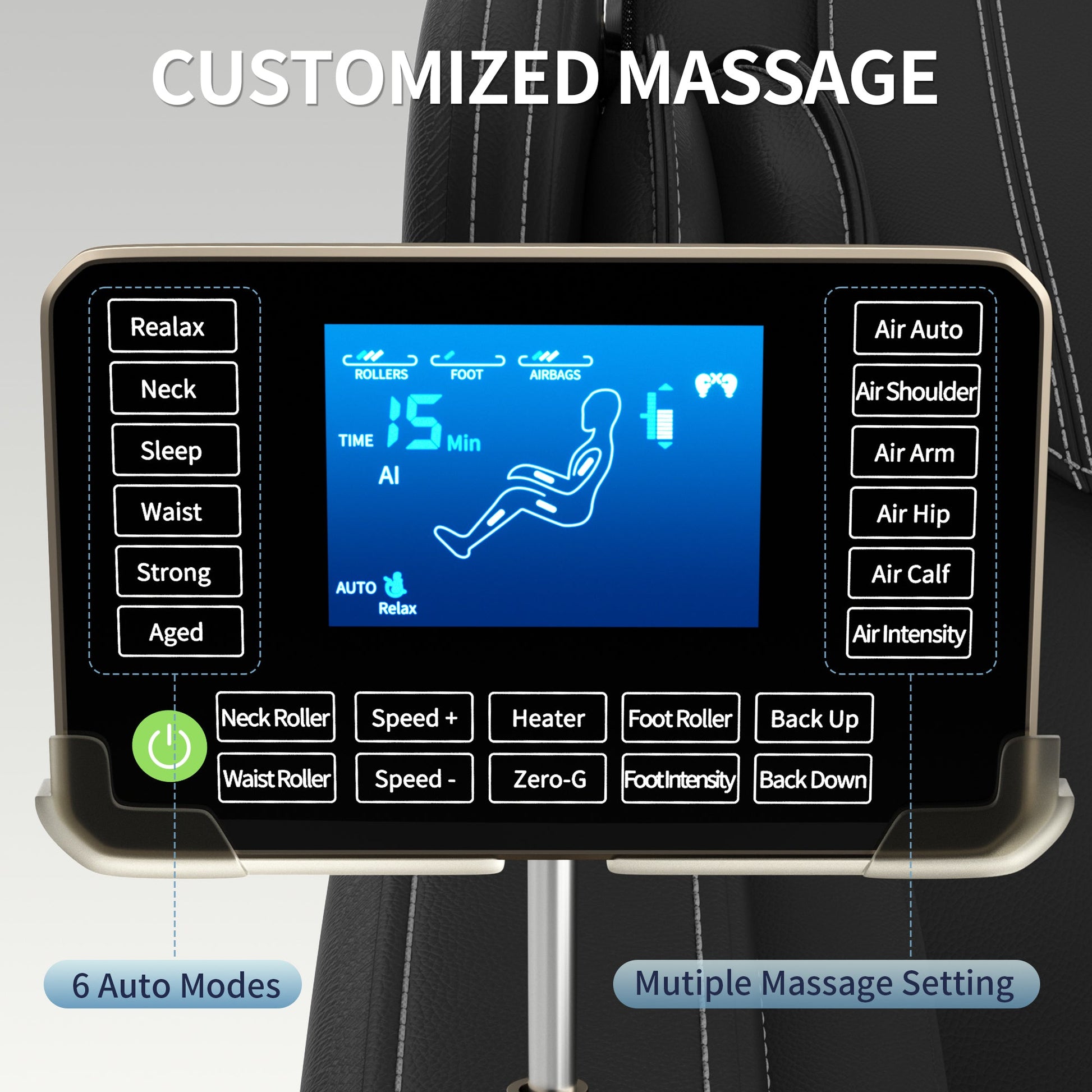Full body deep tissue massage chair, foot massage, 8 fixed massage rollers, touch screen suitable for 5.1-5.75 feet high (black) - Korvel