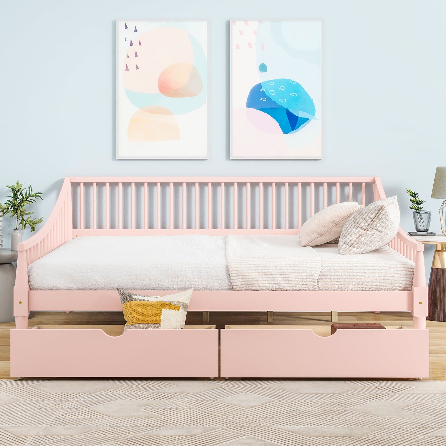 Full Size Daybed with Two Storage Drawers and Support Legs Pink - Korvel