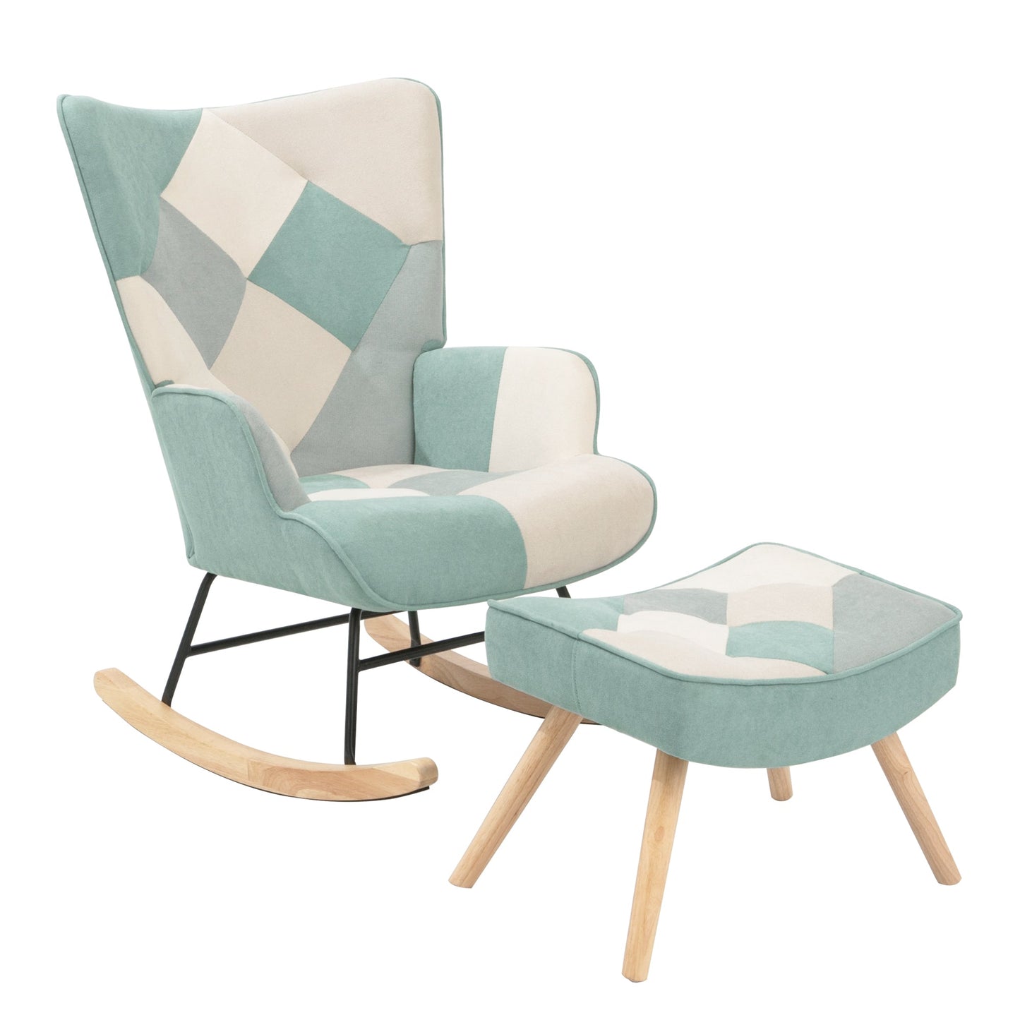 Rocking Chair with ottoman, Mid Century Fabric Rocker Chair with Wood Legs and Patchwork Linen for Livingroom Bedroom - Korvel