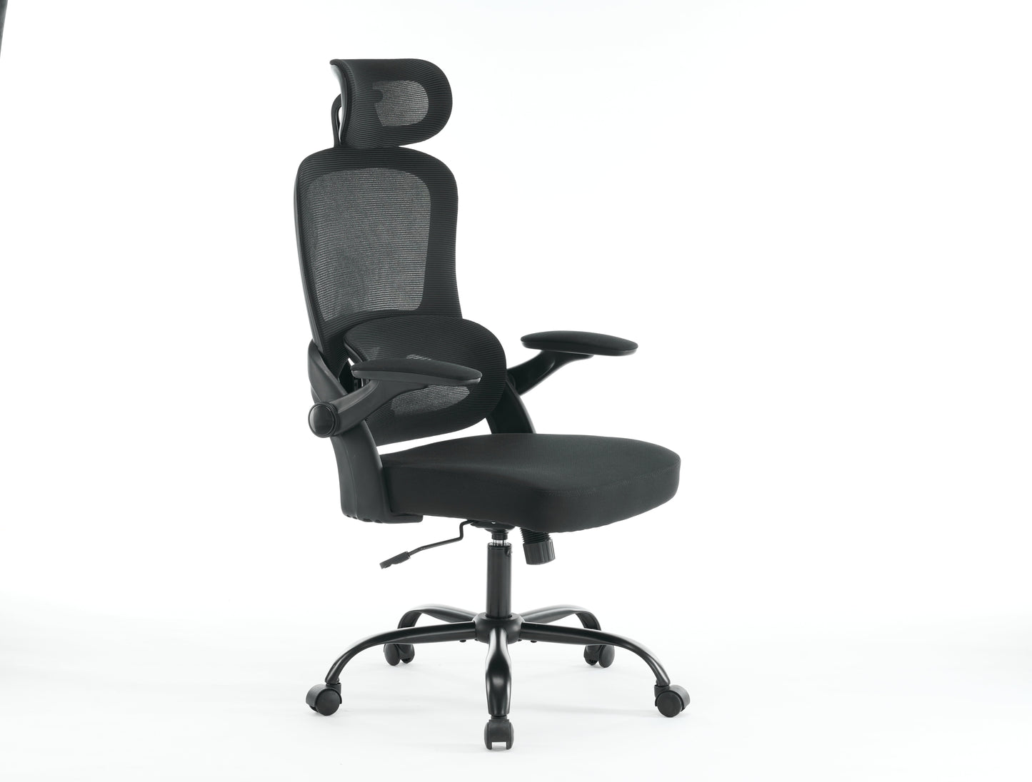 High backrest mesh office chair with 3D armrests, rotating computer task chair with adjustable 2D headrest, tilt function black - Korvel