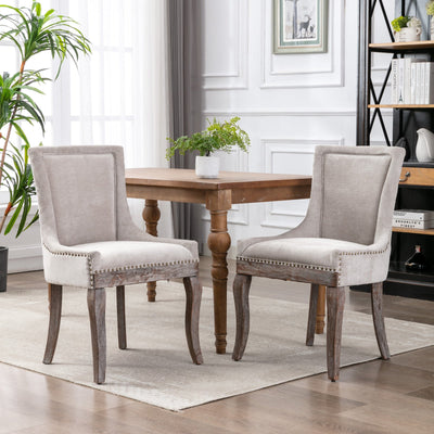 Ultra Side Dining Chair Thickened fabric chairs with neutrally toned solid wood legs  Bronze nail head Set of 2 Beige - Korvel