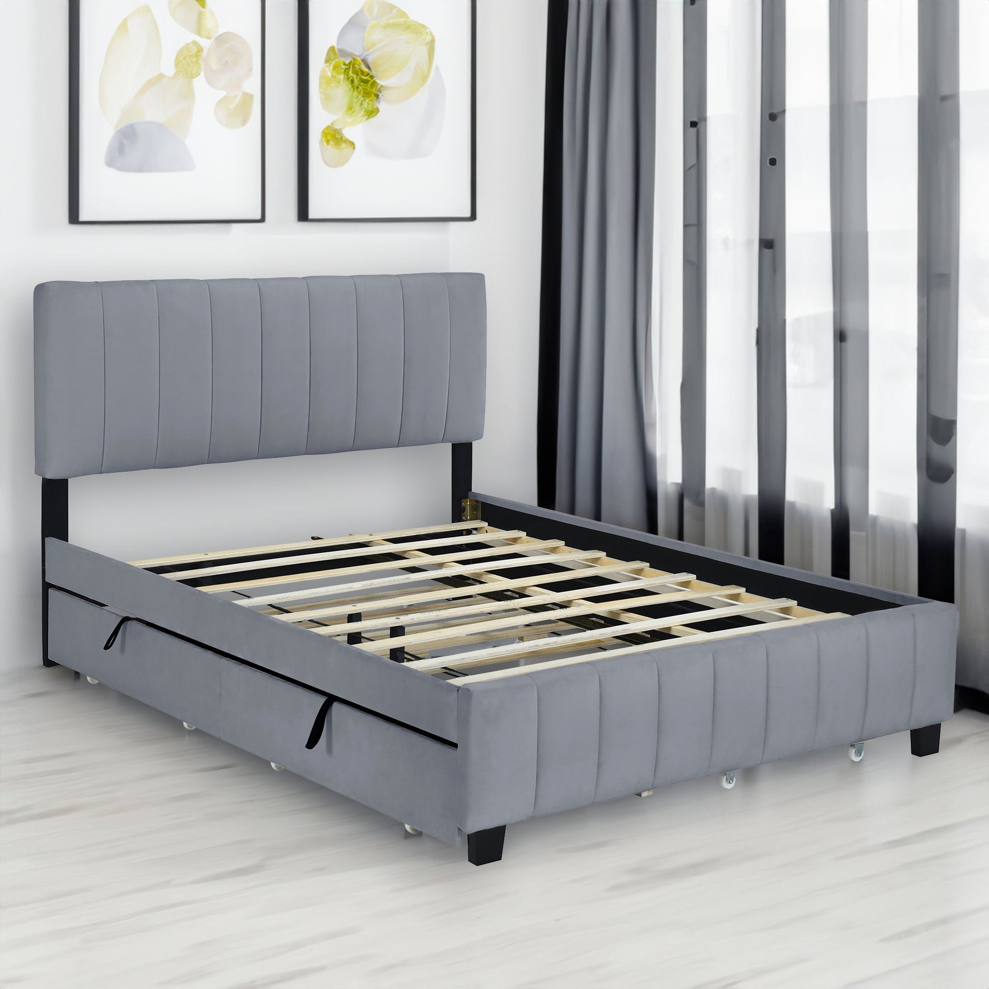 Queen Size Velvet Upholstered Platform Bed with 2 Drawers and 1 Twin XL Trundle- Gray - Korvel