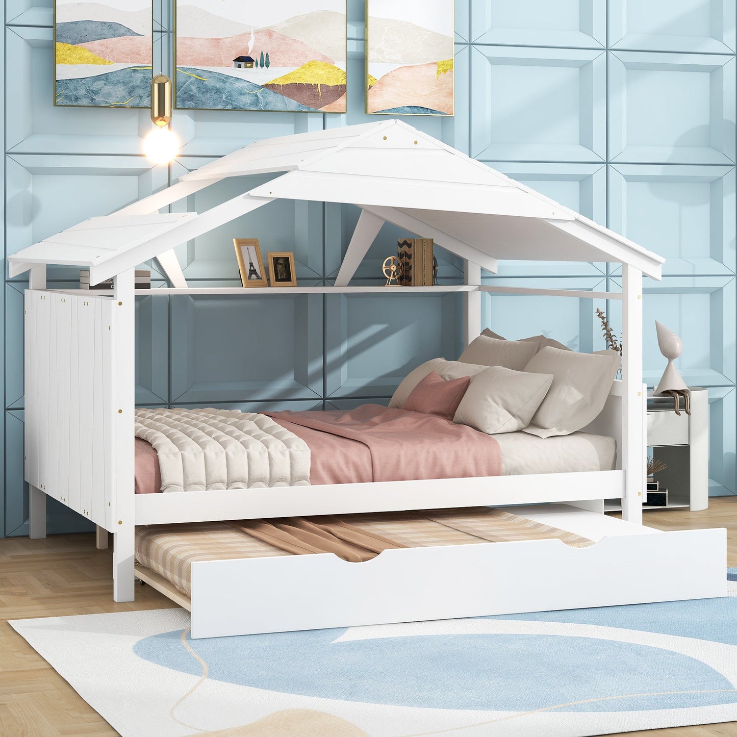 Wood Full Size House Bed with Twin Size Trundle and Storage  White - Korvel