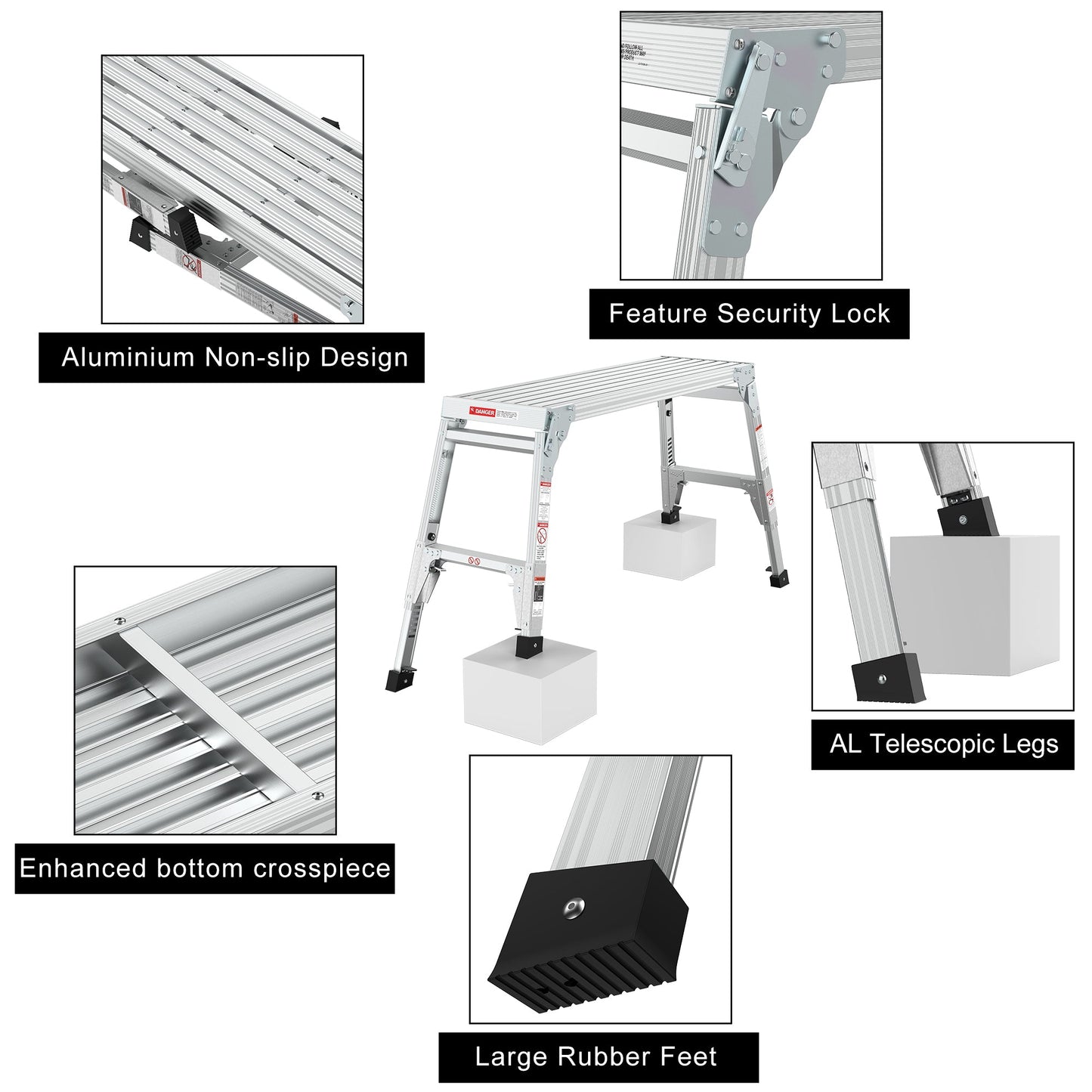 Aluminum Work Platform Large Size Step Stool Folding Portable Work Bench 40" Width Telescopic Feet 22" -27.5" Height Adjustable - Korvel