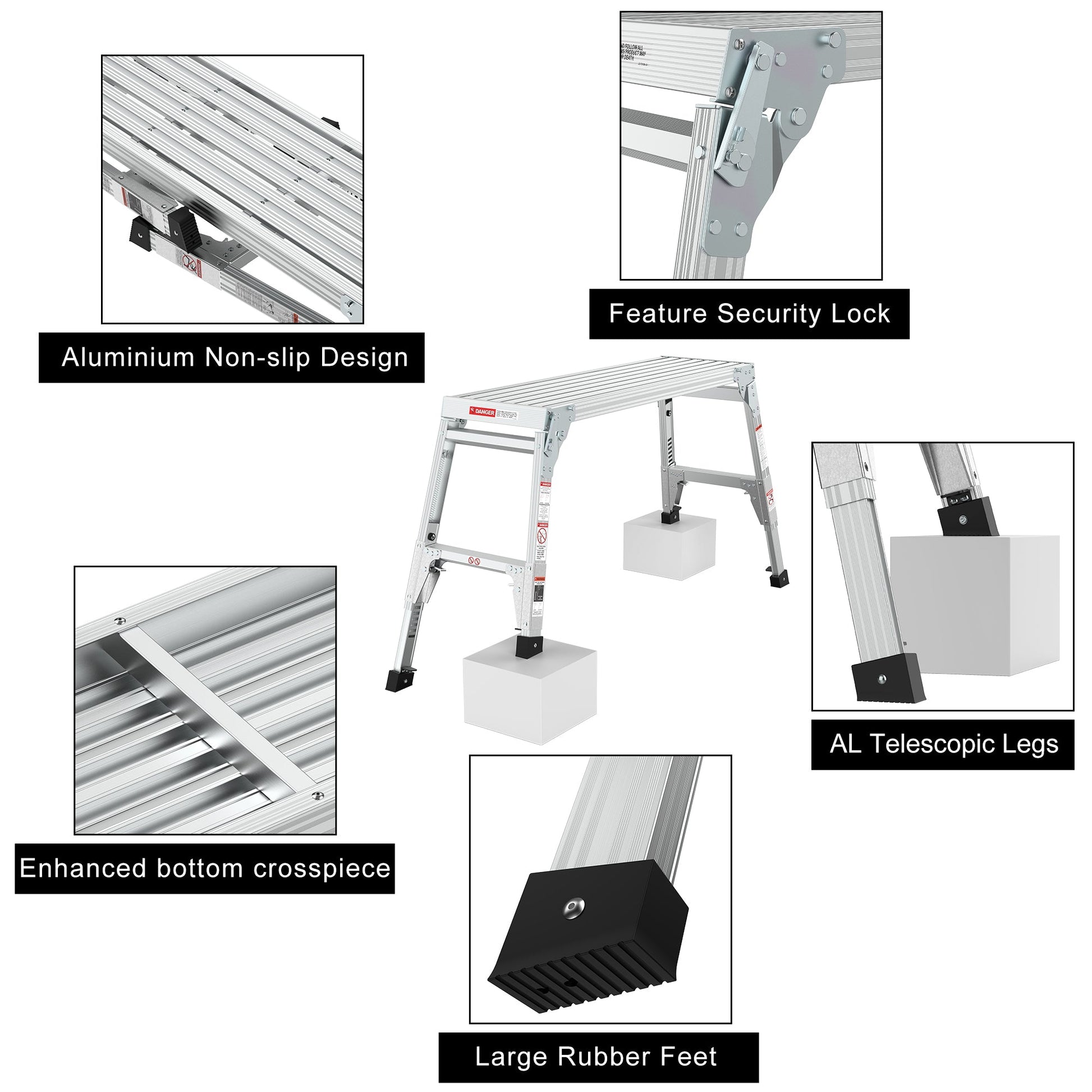 Aluminum Work Platform Large Size Step Stool Folding Portable Work Bench 40" Width Telescopic Feet 22" -27.5" Height Adjustable - Korvel