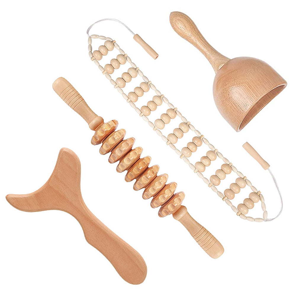 Beech wood therapy scraping cup, meridian dredging roller, tendon rolling stick, scraping board, head massager, massage set - Korvel