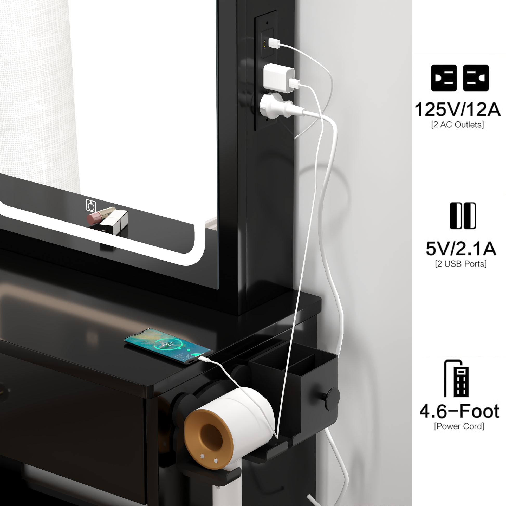 Left drawer desktop vanity+cushioned stool, 2 AC+2 USB power stations, touch sliding LED mirror, tri color switch - Korvel