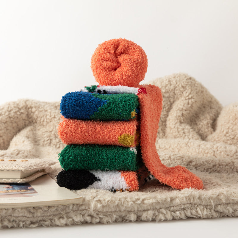 Christmas orange socks for children, winter thick INS trendy warm home socks, coral fleece flooring - Korvel