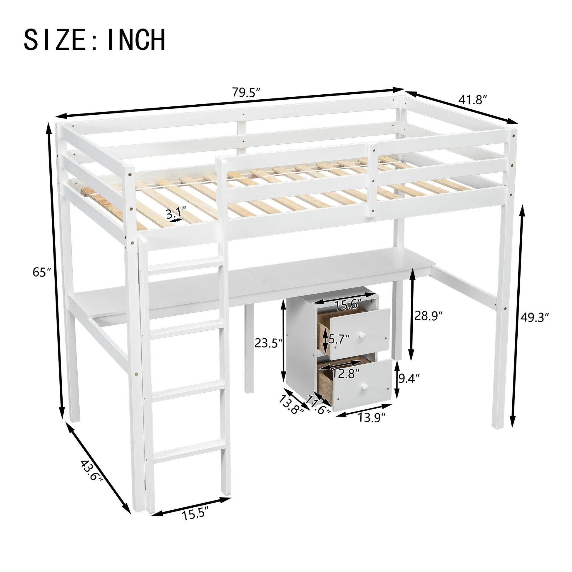 Twin Loft Wood Bed with Under-bed, Built-in Desk, a Storage Cabinet of 2 Drawers, Guardrails, Ladder,White - Korvel