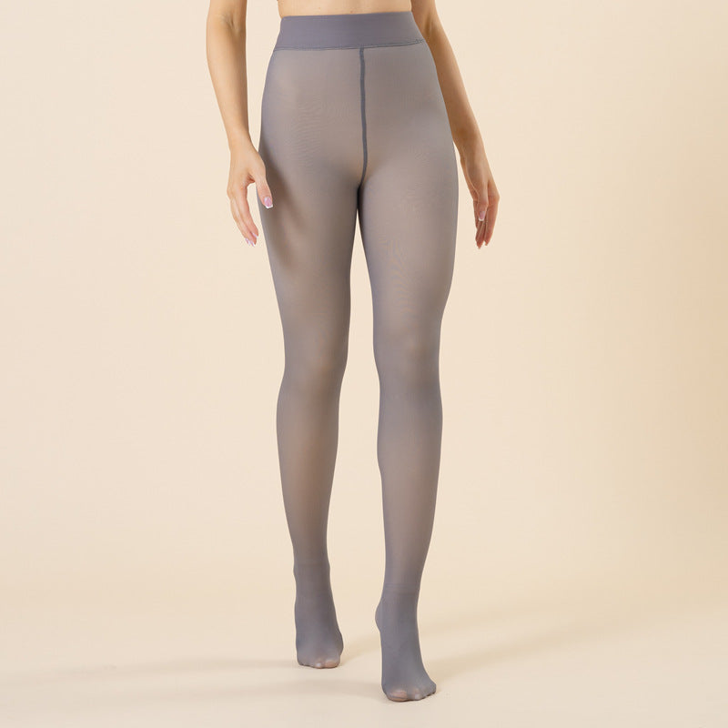 Wearing fake flesh through oversized single crotch leggings for warmth, women's bare legs with plush and thick translucent pantyhose - Korvel