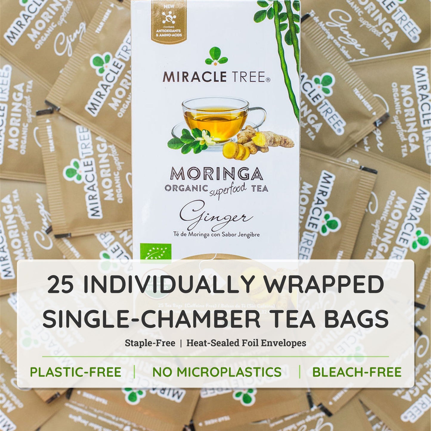 Té Orgánico de Moringa con Jengibre - 25 Bolsitas de Té Envueltas