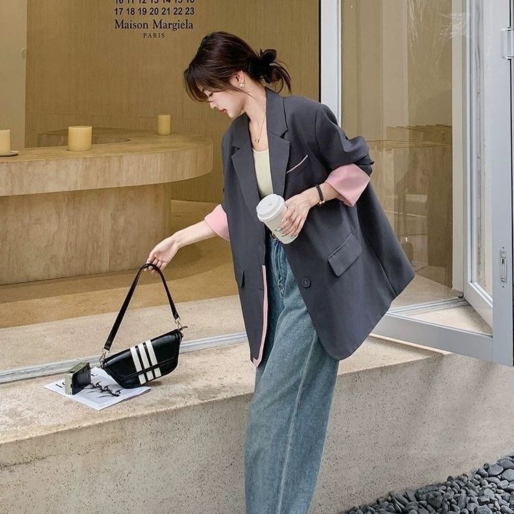 Blazer de Color Block en Parchwork Gris de Moda