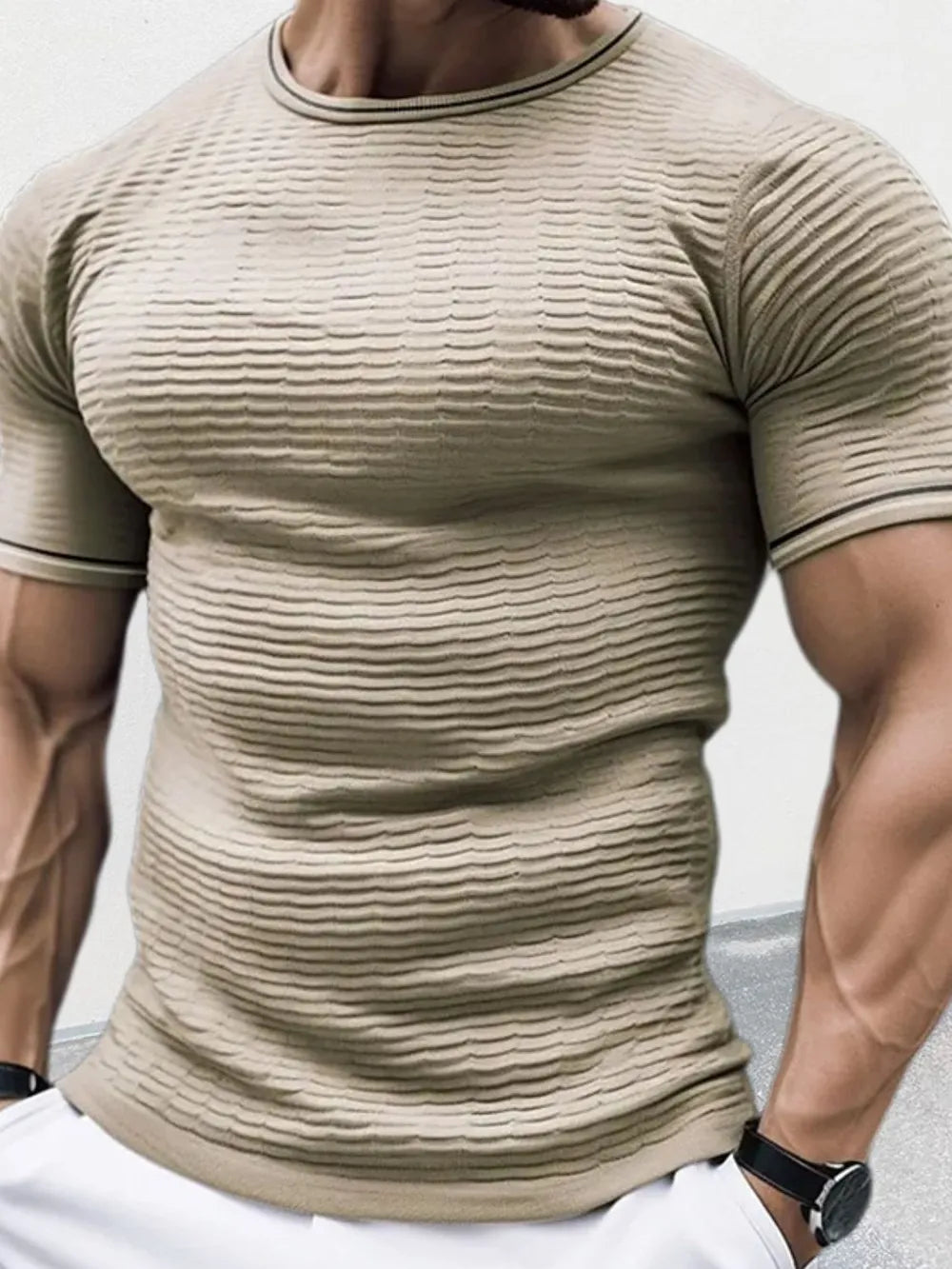 Men's Plus Size Textured Round Neck Contrast Trim T-Shirt