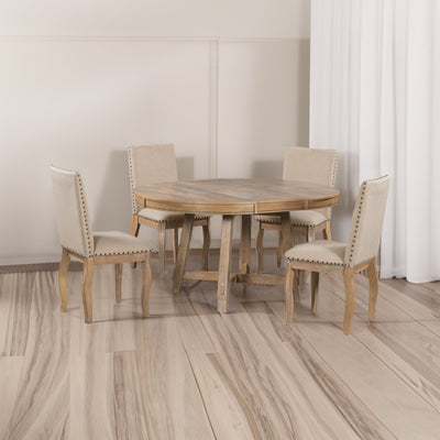TREXM 5-Piece Farmhouse Dining Table Set Wood Round Extendable Dining Table and 4 Upholstered Dining Chairs (Natural Wood Wash) - Korvel