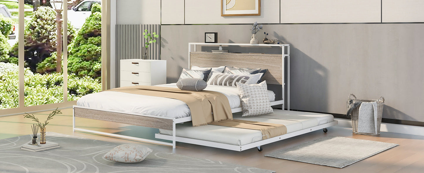 Queen Size Metal Platform Bed Frame with Trundle, USB Ports and Slat Support ,No Box Spring Needed White - Korvel