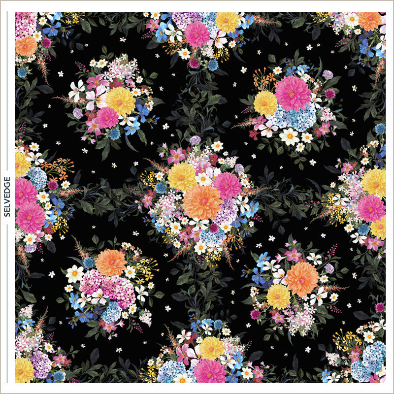 Tissu en coton Black Whimsical Garden Midnight Blooms - 44"/45" par yard