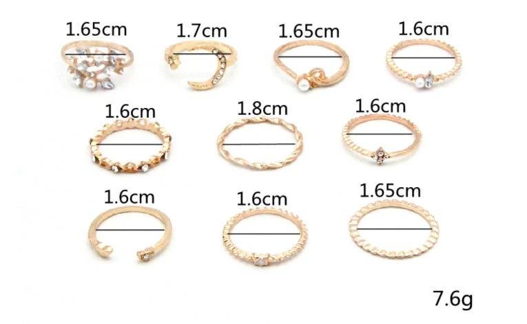 Conjunto de Anillos Mandotos Bohemio Estrella Luna Perla Hoja de 10 Piezas