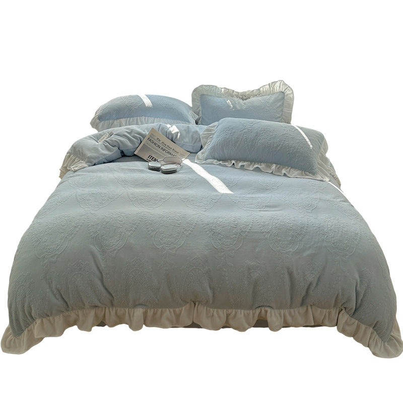 A-class ins princess style milk velvet four piece set lace carved velvet warm duvet cover winter bedding - Korvel