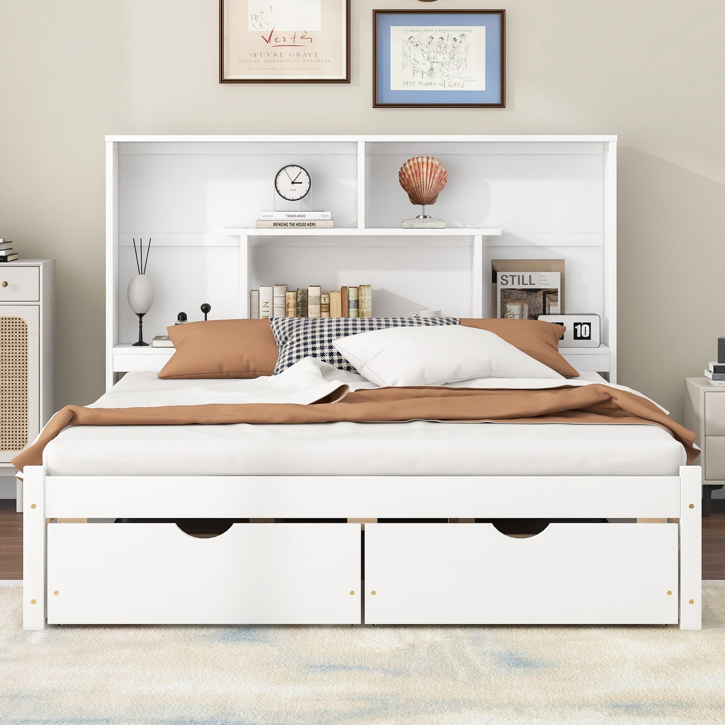 Elegant Queen Size Platform Bed with Storage Headboard, White