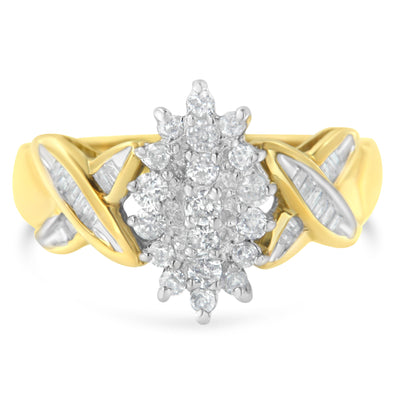 Anillo de Clúster de Diamantes Baguette Redondos de Oro Bicolor de 10K - Talla 6-1/2