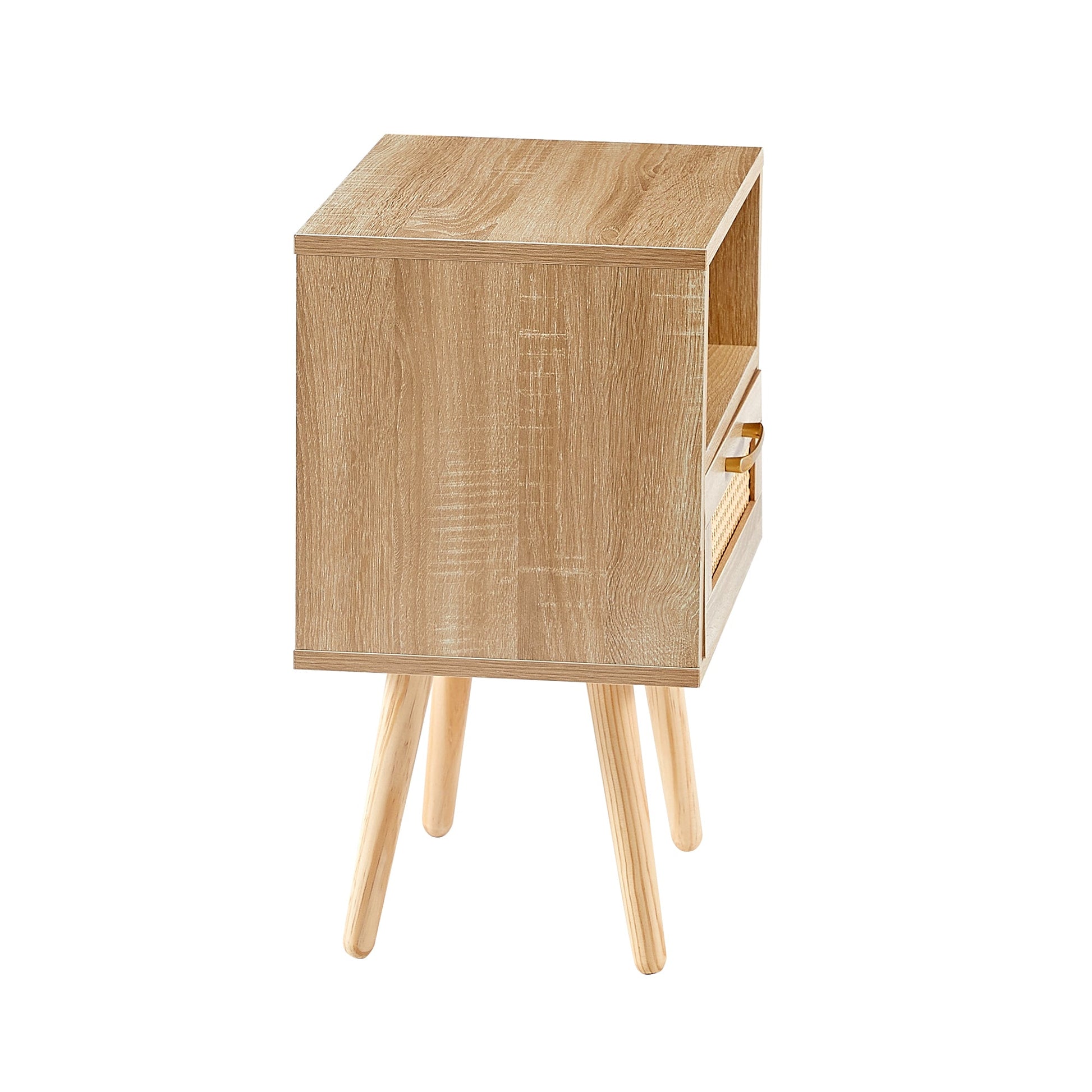 15.75" Rattan End table with drawer and solid wood legs Modern nightstand side table for living room natural - Korvel