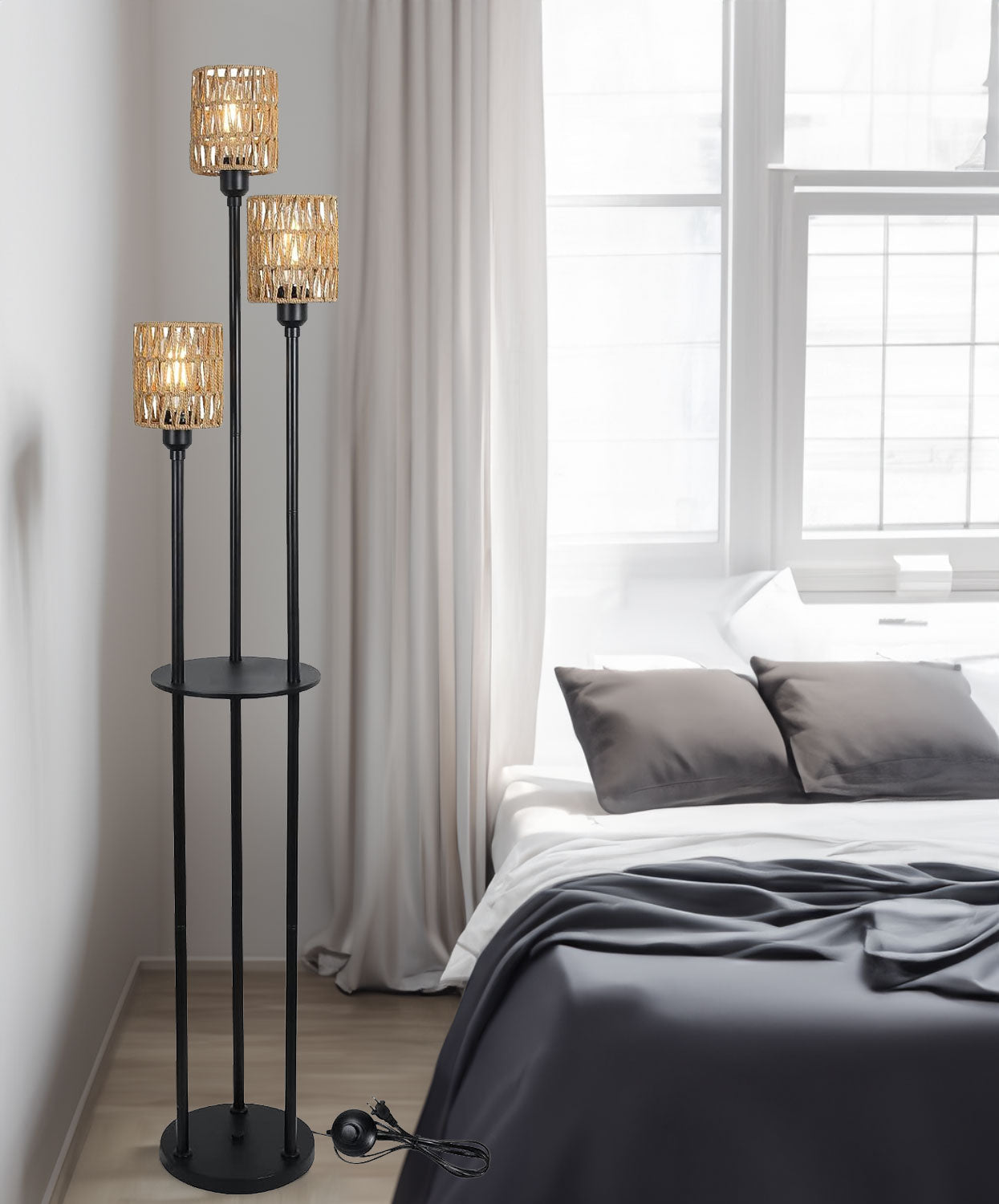 Boho Floor Lamp with Shelves 3-Lights Farmhouse Tall Floor Lamp with ON/OFF Foot Switch Rustic Standing Lamp with Rattan Shades - Korvel