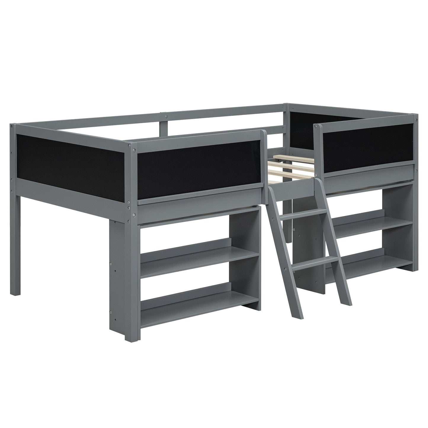 Twin Size Low Loft Bed with Two Movable Shelves and Ladder,with Decorative Guardrail Chalkboard,Gray - Korvel