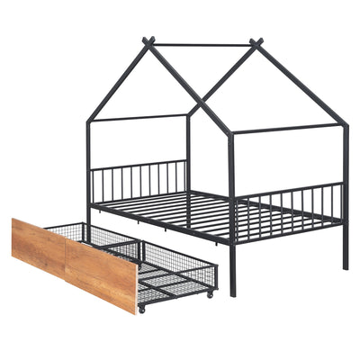 Twin Size Metal House Bed with Two Drawers - Black