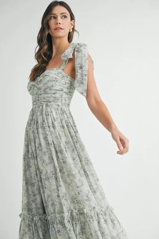 Robe midi froncée à buste floral avec lien d'épaule